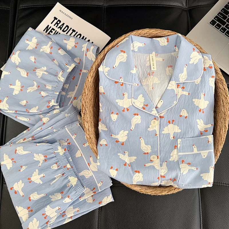 Spring Fall Cute Goose Print Women's Pajamas with Pants Korean-Style Casual Student Girls Sweet 3 Piece Pajamas Set Homewear