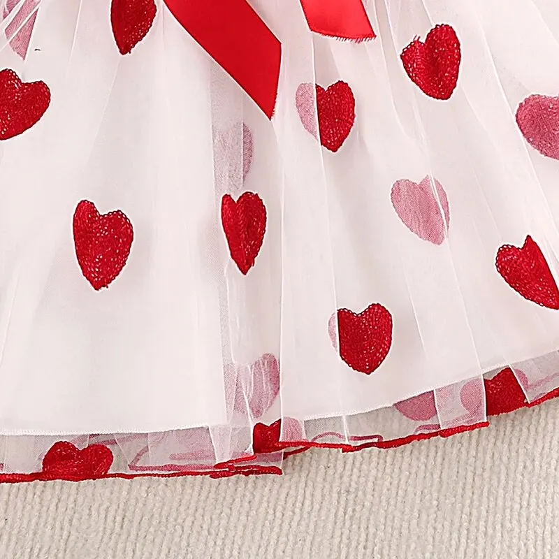 Kids Dress 4-7 Years Red Wing-Sleeve Heart Pattern Patchwork Tulle Dress Baby Girl Birthday Party Festival Costume