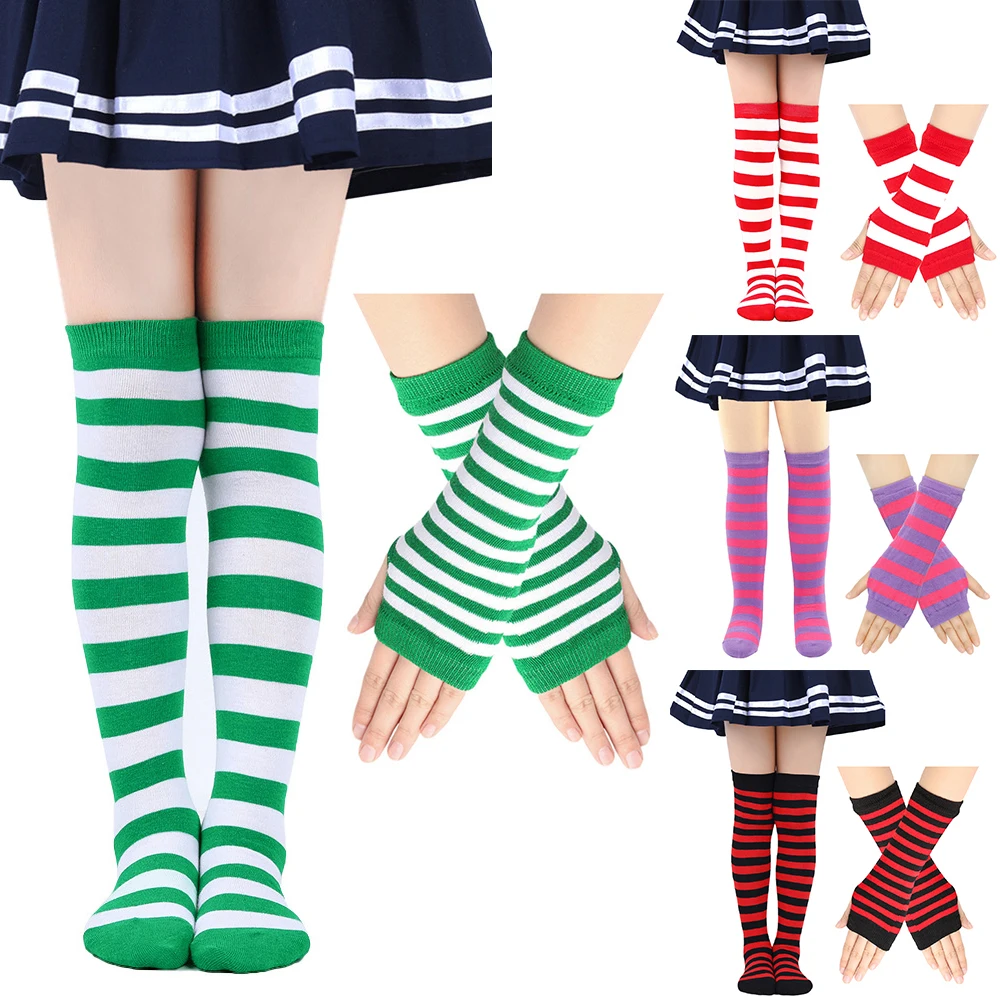 Calcetines largos para mujer, conjunto de guantes sin dedos, calentador de brazos a rayas, calcetines por encima de la rodilla para mujer y niña, medias para Cosplay de Halloween, manopla para codo