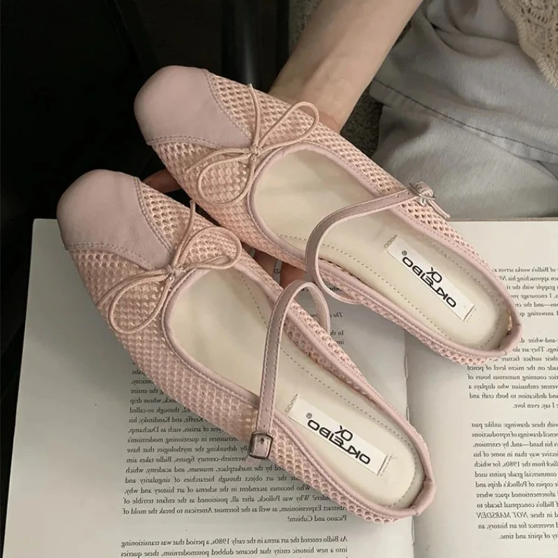 

Summer Comfort Square Toe Flat Slippers Sandals Women Bow Design Breathable Mary Jane Shoe Fashion Buckle Non Slip Beach Loafers