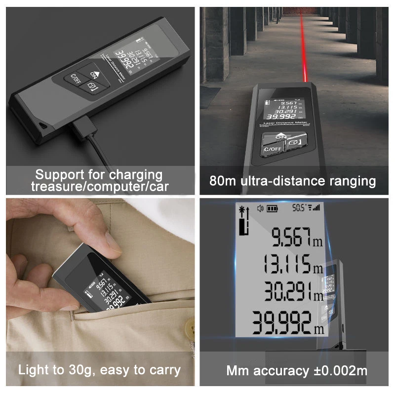 40m medidor de distância a laser inteligente faixa digital portátil usb carregamento exato rangefinder mini handheld distância ferramentas medição