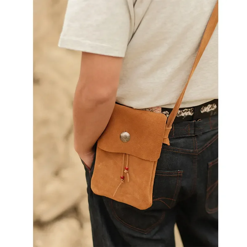Retro Suede Split Leather Crossbody Bag for Men Handmade Native American Style Pouch Khaki Casual Shoulder Phone Bag for Daily