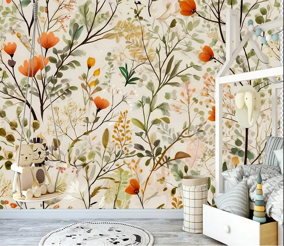 

Custom mural wallpaper European pastoral style plant flowers retro sofa living room background wall decoration wallpaper