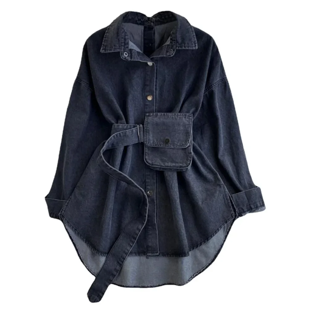 

Denim Shirts for Women Blouse Washed Outerwear 2025 Jackets Strap Waist Bag Lapel Single Breasted Streetwear Overshirt Tops