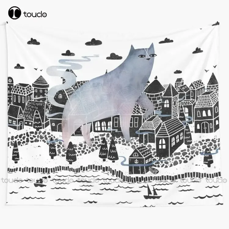 The Fog Cat Fog Poetry Carl Sandburg Watercolor Water Ocean River Town Tapestry Tapestry Store Custom Decoration Wall Hanging