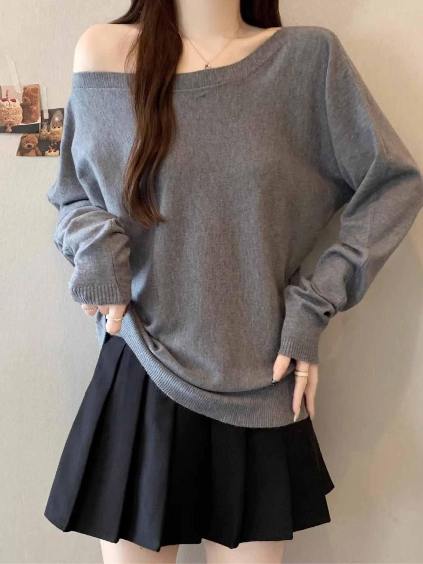 

ay oulder Bared Long Sve Knitted Sweater Women's Loose Fit Comfortable Sle Autumn Winter plus Size Casual Top