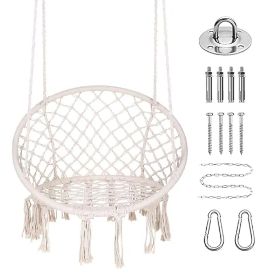 

Macrame Hanging Swing Chair with Cushion and Hardware Kit for Outdoor Patio Balcony Bedroom Beige No Pillows Included