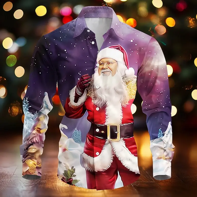 Fashionable 2024 Casual Christmas Shirt Party Santa Claus Pattern Soft, Elastic, Comfortable Family Set Men's Large New Product