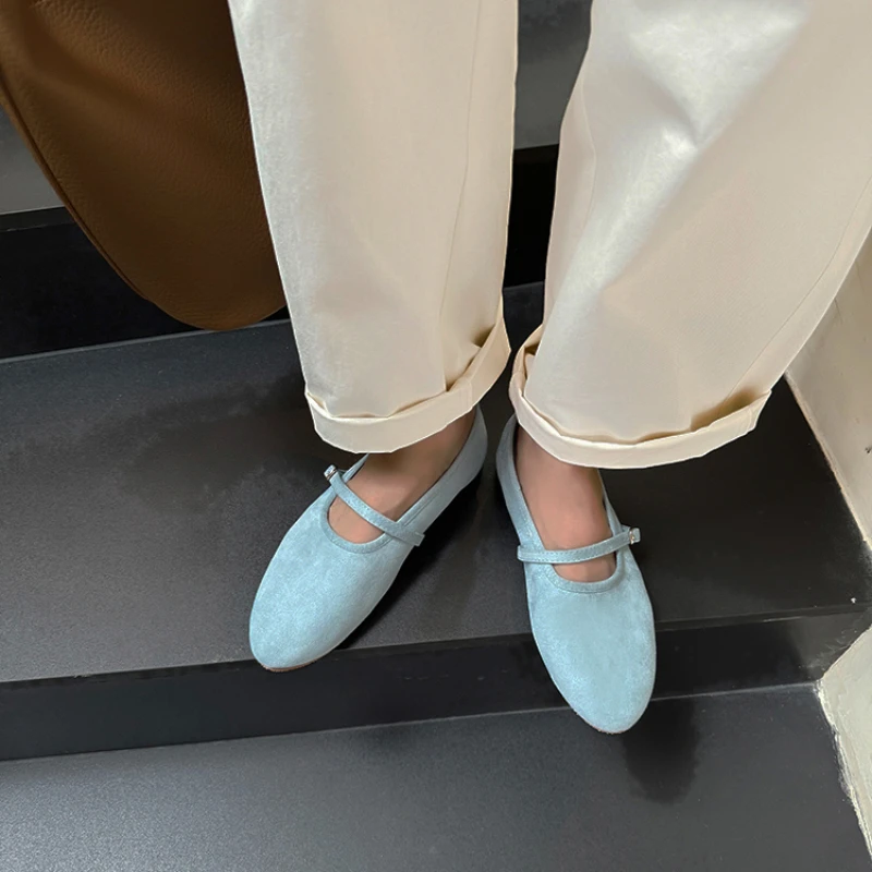 2024 Autumn/Winter One Button Flats Ballet Single Shoes for Women French Flat Mary Jane Shoes Trendy Blue  Casual Designer Shoes image 3