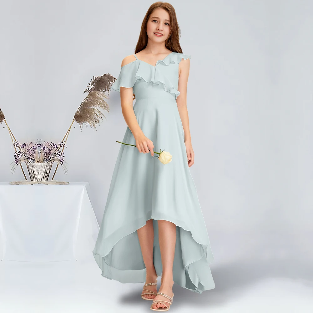 A linha assimétrica assimétrica chiffon júnior vestido de dama de honra névoa flor vestido da menina para festa de casamento vestido de comunhão adolescentes