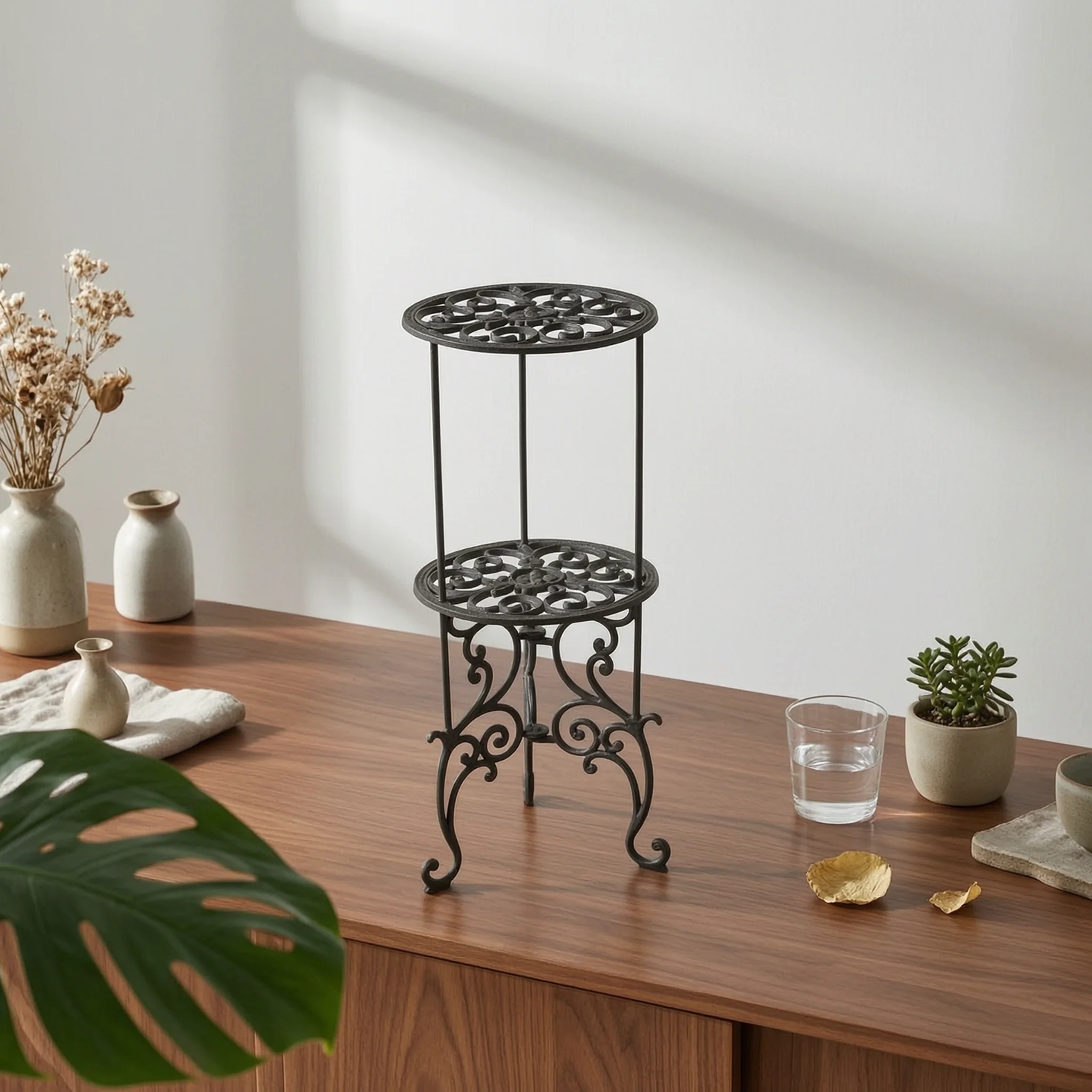 Wrought Iron Plant Stand Decorative Metal Flower Pot Holder Iron Pedestal with Scrollwork Compact Display Riser Easy Assembly
