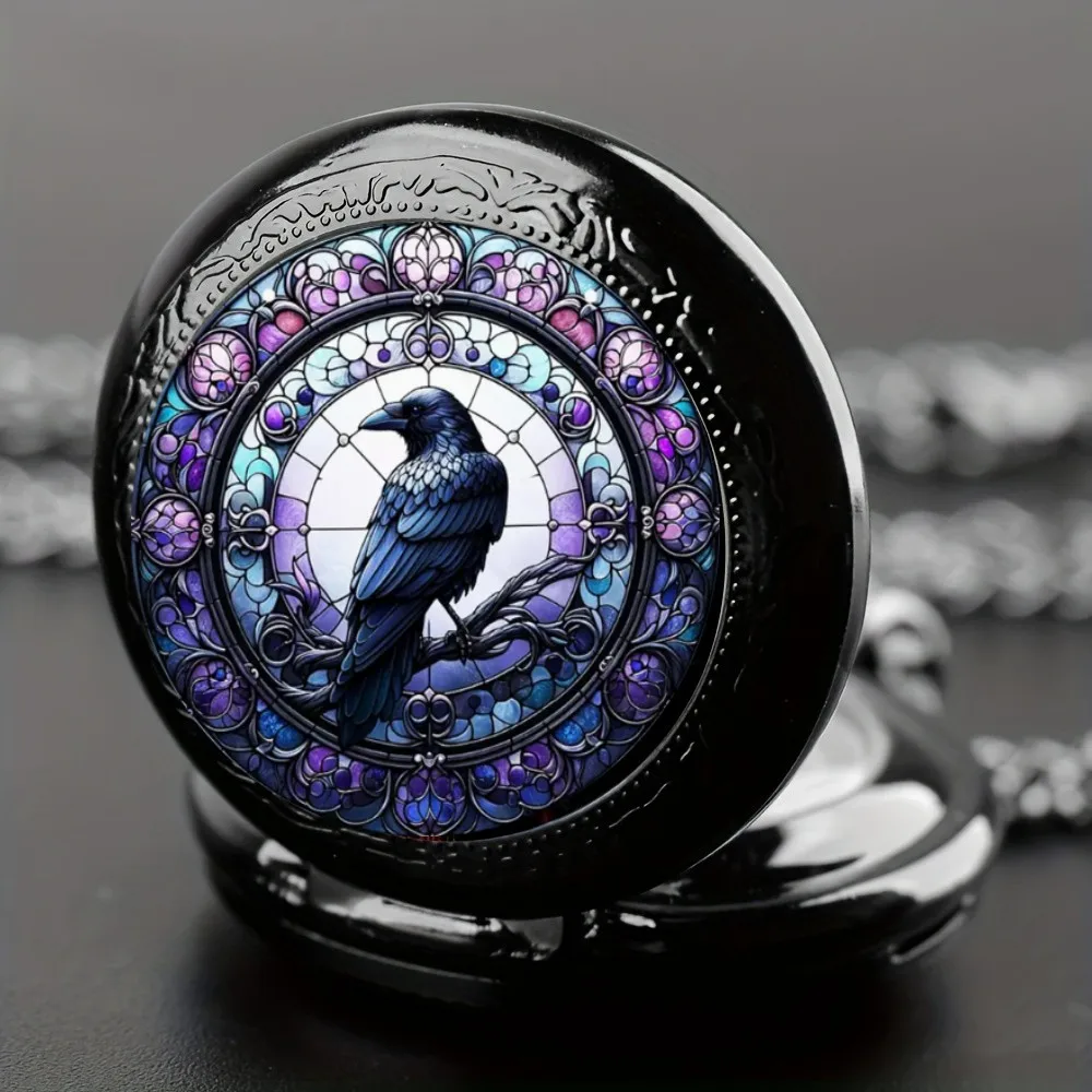 Retro Black Crow Small Size Quartz Pocket Watch -Necklace Pendant With World Time Feature, Alloy Case, Ideal Gift For Men &Women