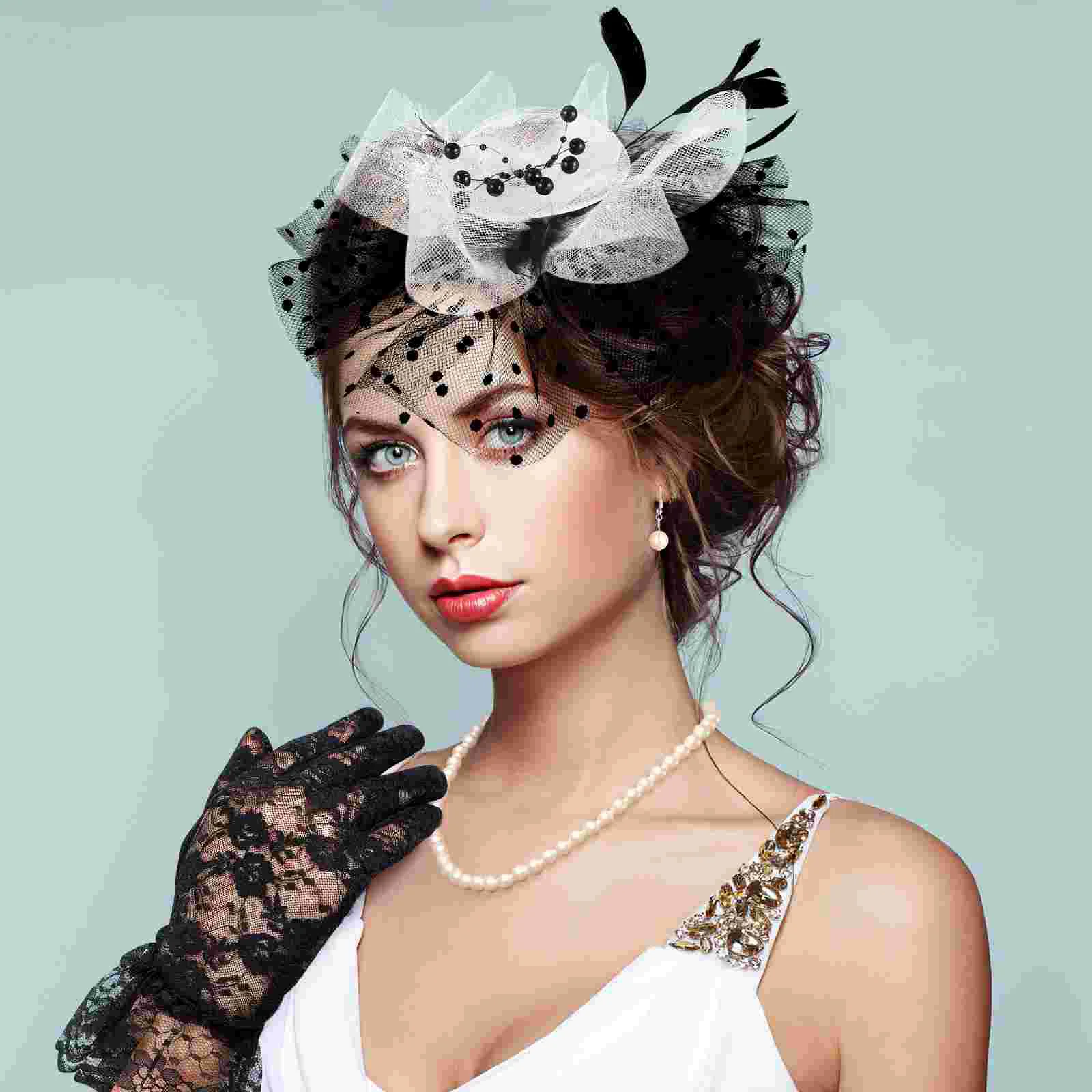 White Mesh Head Flower Band Lace Gloves Women Cosplay Party Headwear Fascinator Hat Headdress Hair Hoops Miss Carnival