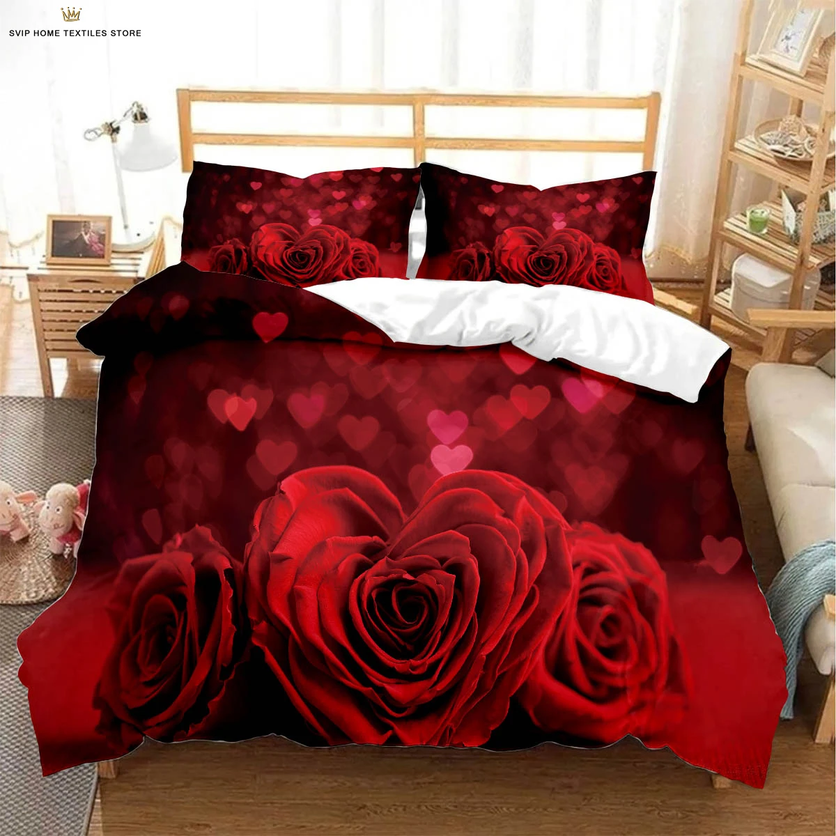 Valentine's Day Retro Red Rose 3D Printed Quilt Cover 100% Polyester Duvet Cover Bedding Set Quilt Cover Pillowcase 3 Pieces