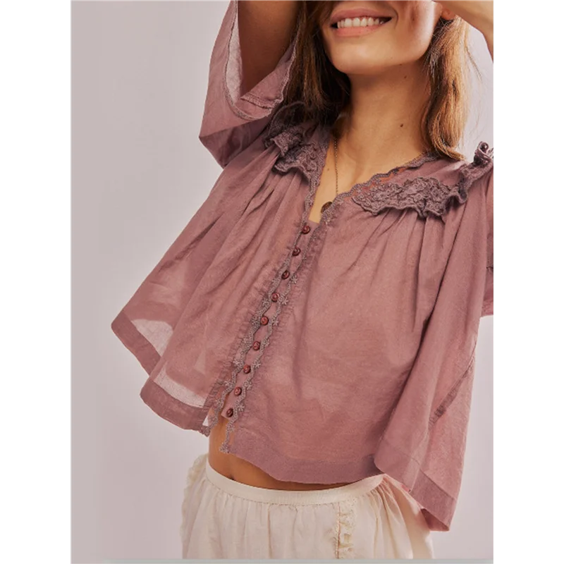 

ABRT-Women Y2K See Through Peplum Shirt Ruffle Lace Trim Buttons Tops Short Sleeve Collar Babydoll Blouse