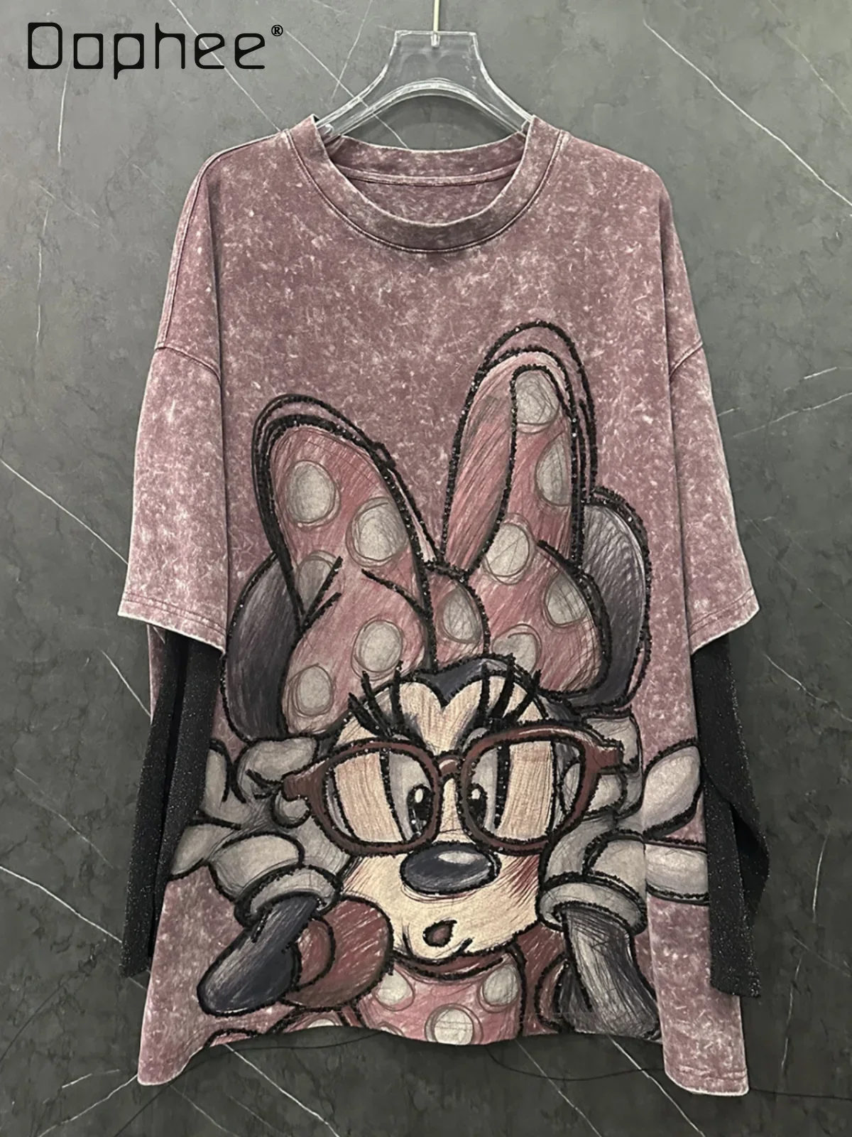 European Goods Heavy Industry Sequin Printing Cartoon Fake Two Long-sleeved T-shirt Women's Loose Fashion Mid Length Top