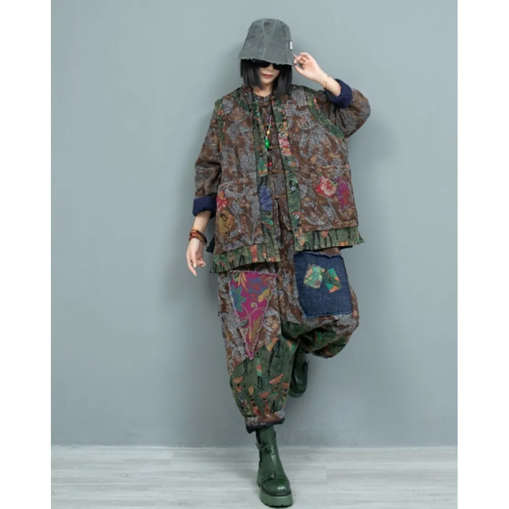 3PCS Printed Linen Cotton Pant Set Women Winter Loose Fitting Vest Jacket + Inner Top + Wide Crotch Pants LX2768