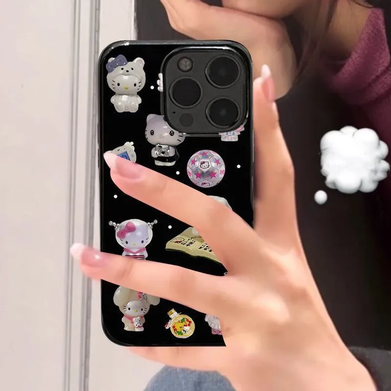 Funda de teléfono bonita de dibujos animados de Hellos Kittys negra estilo INS para iPhone 17 16 15 14 13 12 11 X XS 8 Air Pro Max Plus cubierta de doble capa