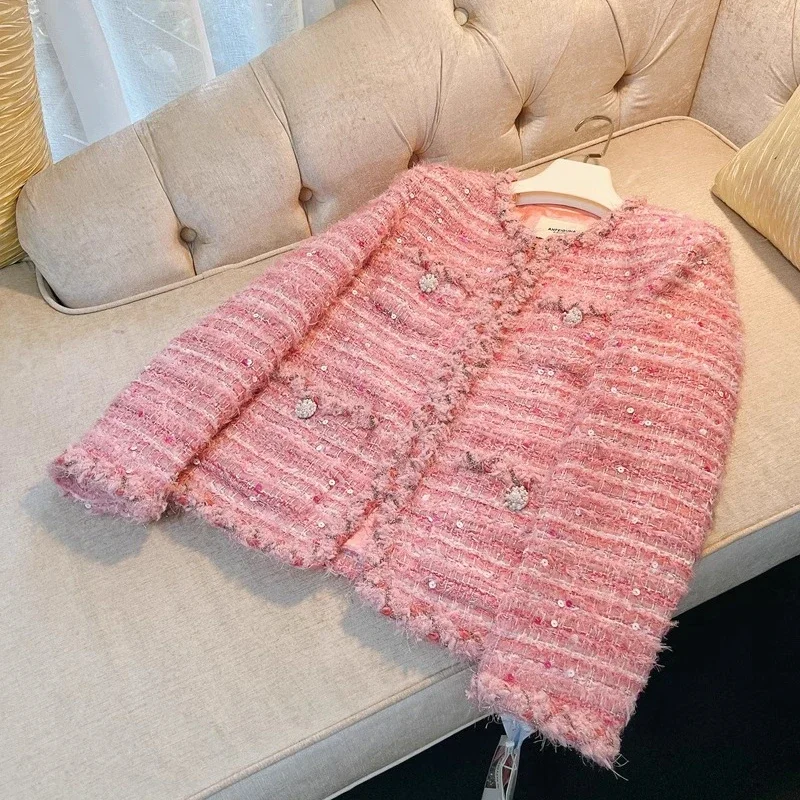 High Quality Pink Tweed Jacket Women 2024 New Autumn Runway Designer Sequins Woven Fringes Button Women\'s Coat