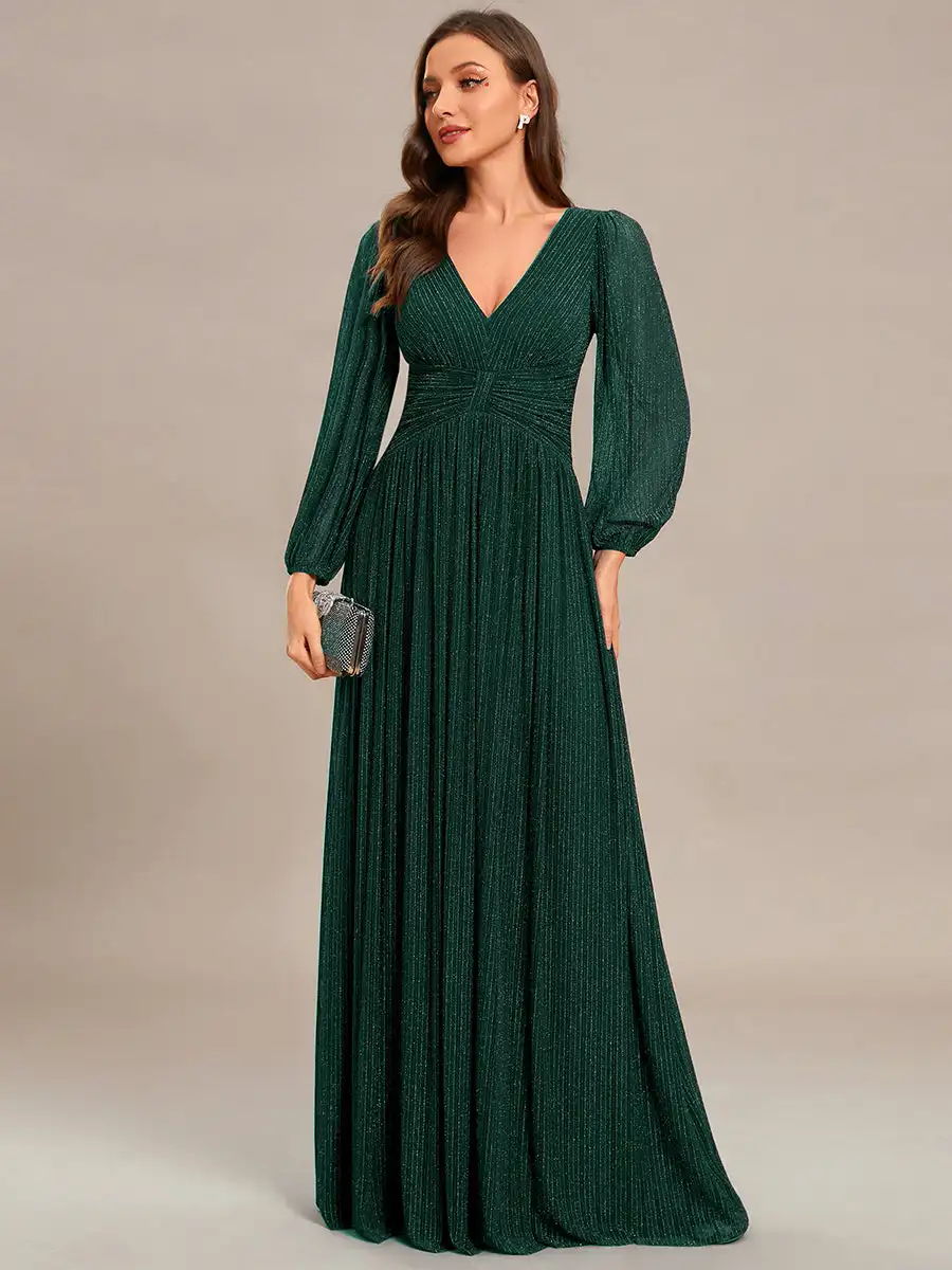 Elegant Evening Dress Deep V Neck with Long Sleeves Slimming pleats 2024 BAZIIINGAAA of Dark Green Bridesmaid Dress