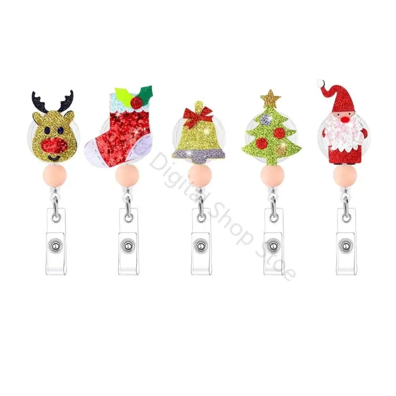 96BA 5Pcs Christmas Retractable Card Badge Holder with Clip for Access Cards Accessory, Clip-On Pass Card Badge Holder for