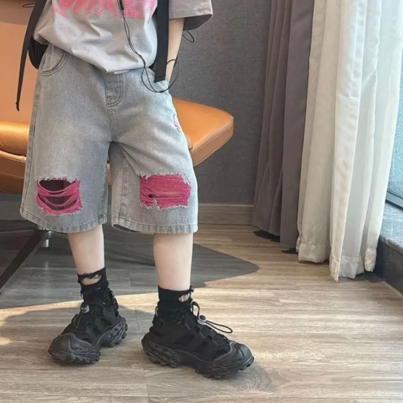 2026 Summer Streetwear for Kids Boys Girls Ripped Jeans Tee Combo Middle Size Trendy Youth Fashion