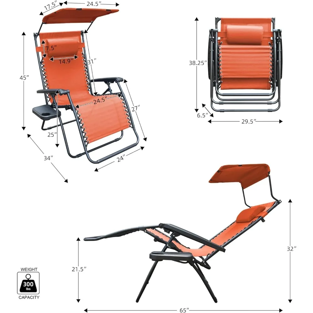 Cadeira grande de gravidade zero com guarda-sol e bandeja para bebidas, laranja