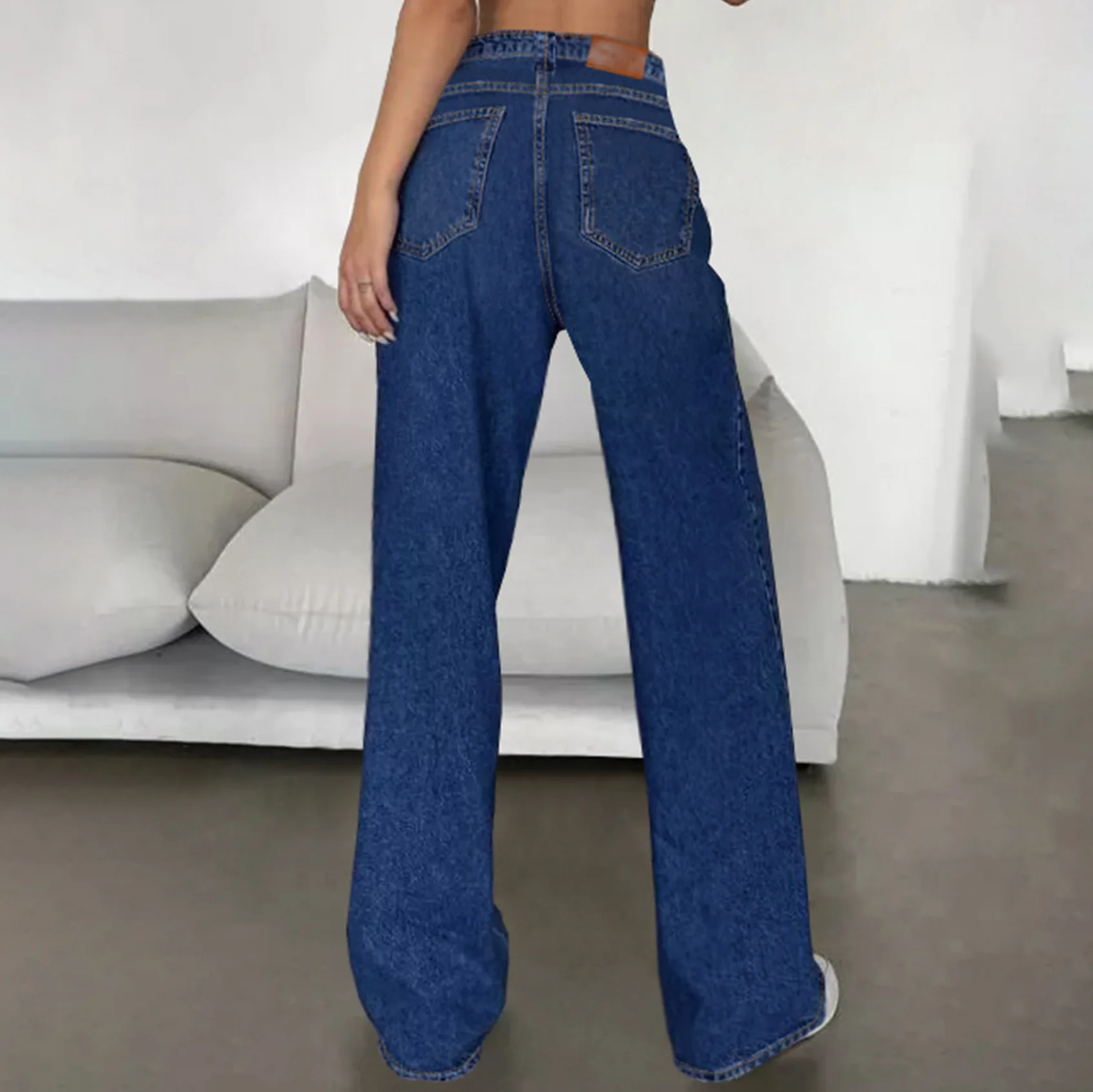 Frühling Herbst Damen-Jeans mit Hoher Taille, Gerades Bein, Baumwoll-Polyester-Mischung, Bequem, Lässig, Cross-Border