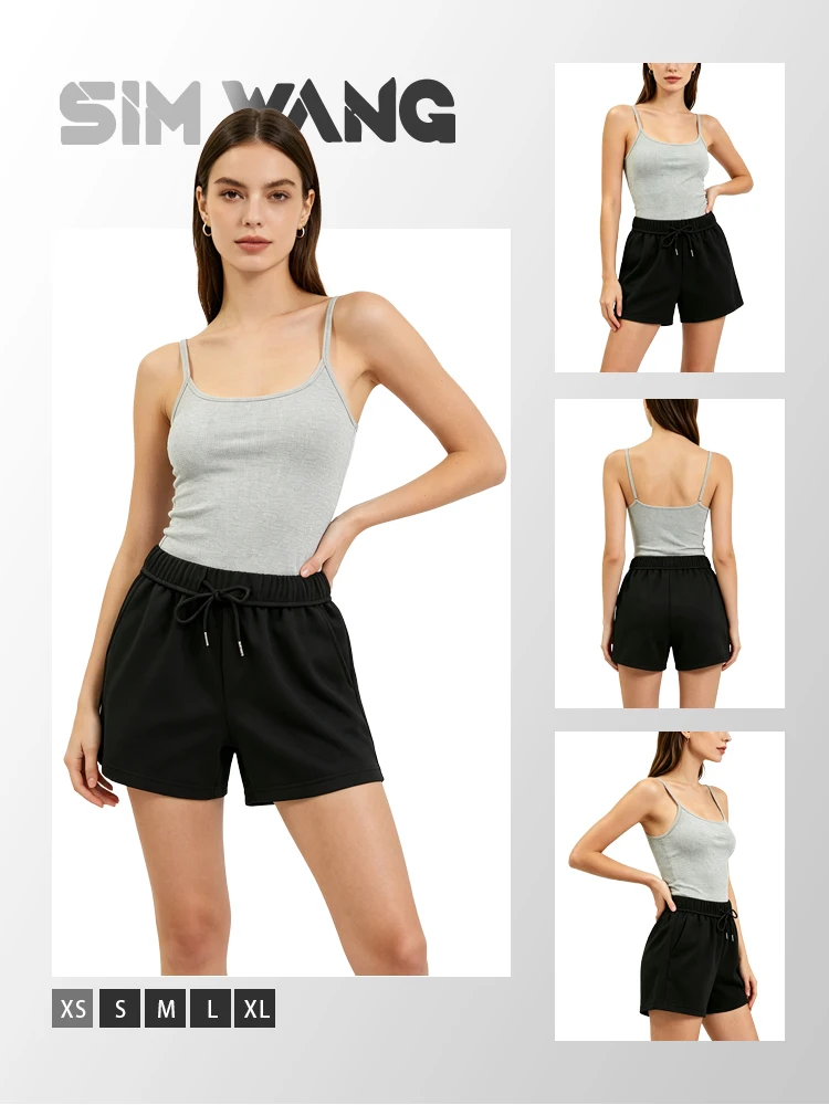 Basic solid-color drawstring wide-leg hot pants with loose fit and pockets for casual shorts
