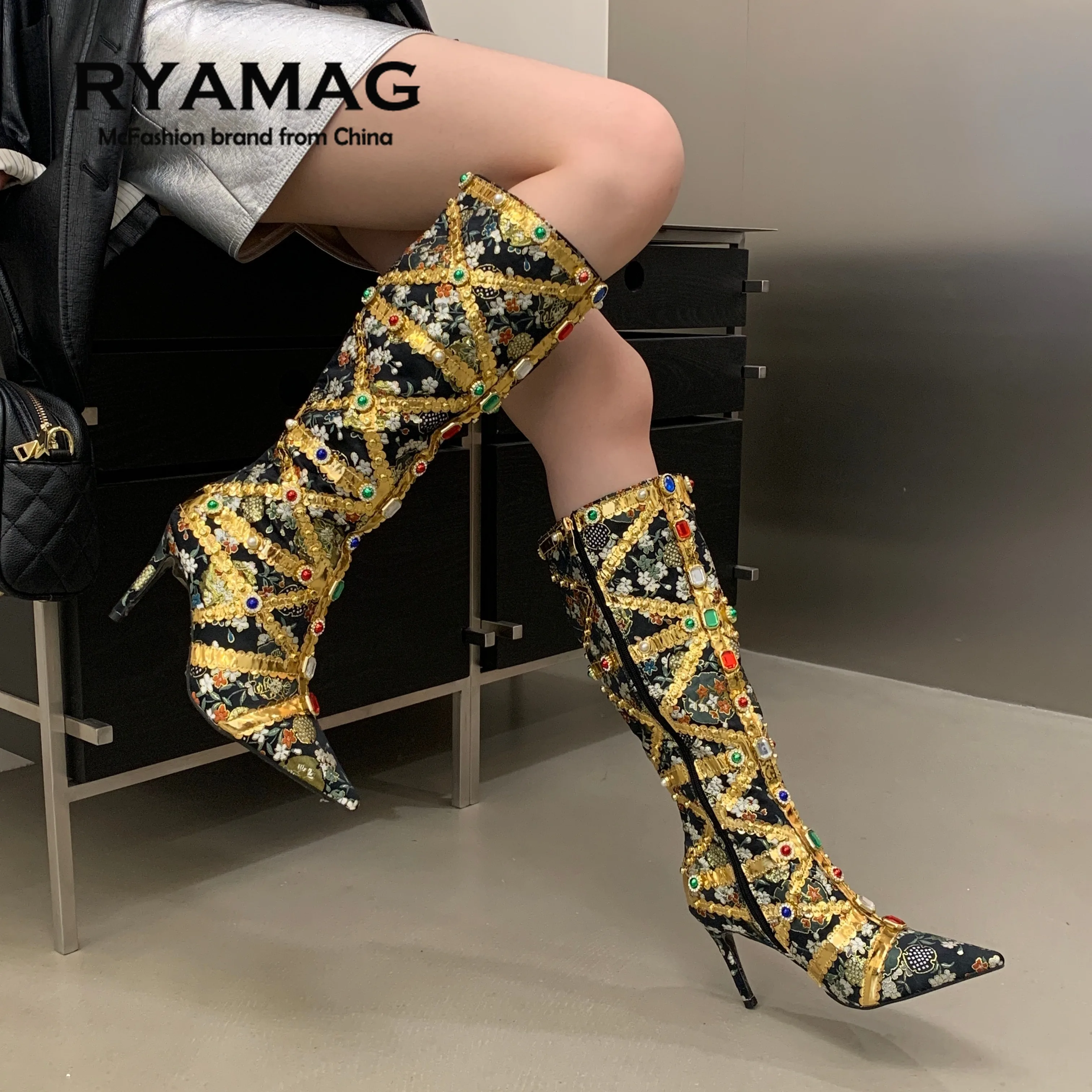 High Heel Knee High Boots Women Pointed Toe Stiletto Jacquard Crystal Rhinestone Embellished Vintage Party Boots