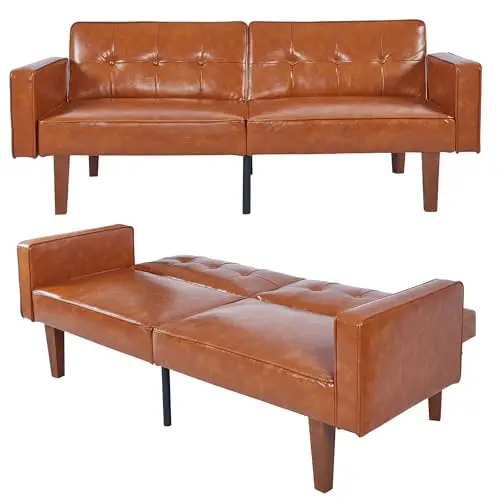 Convertible Futon Sofa Bed with Split Back,Modern Brown PU Leather Sleeper Couch Beds,68.11