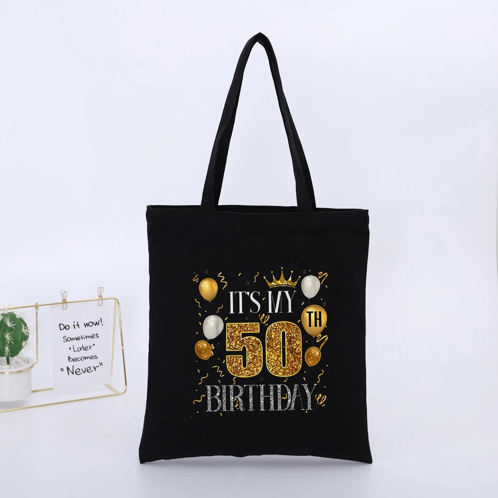 50th Birthday Women's Black Canvas Tote Bag with Gold Glitter Letter Print, Ideal for Party Celebrations and Gift Giving