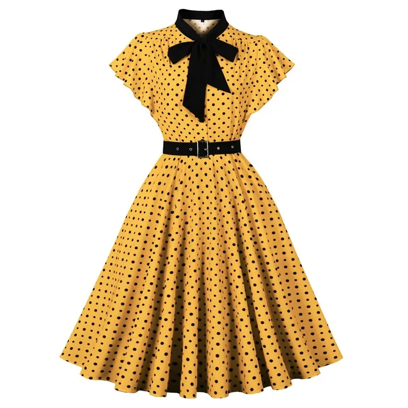 Women Vintage Polka Dots Dress Retro Elegant V-Neck Office Cocktail Tea Party 1950s 40s Swing Dress Summer Dress with Belt