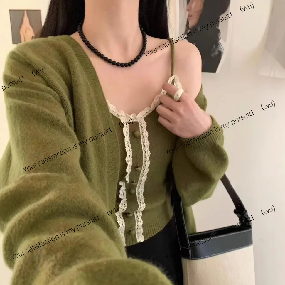 

Korean versatile sweater cardigan women's autumn and winter lace lace knitted suspender set