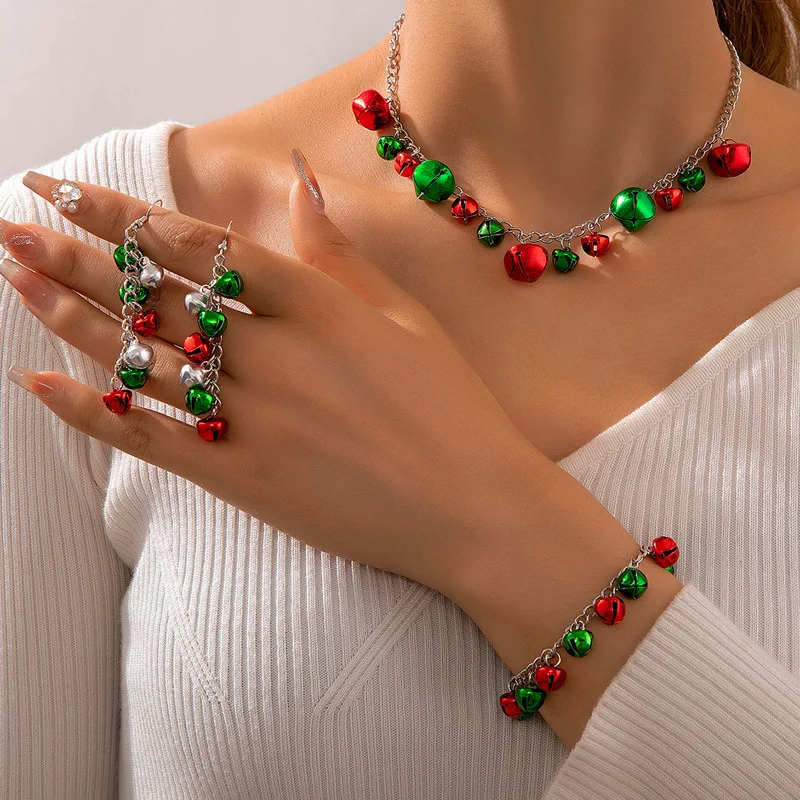 Christmas series new cute red and green bell bead earrings necklace bracelet three piece set Christmas jewelry