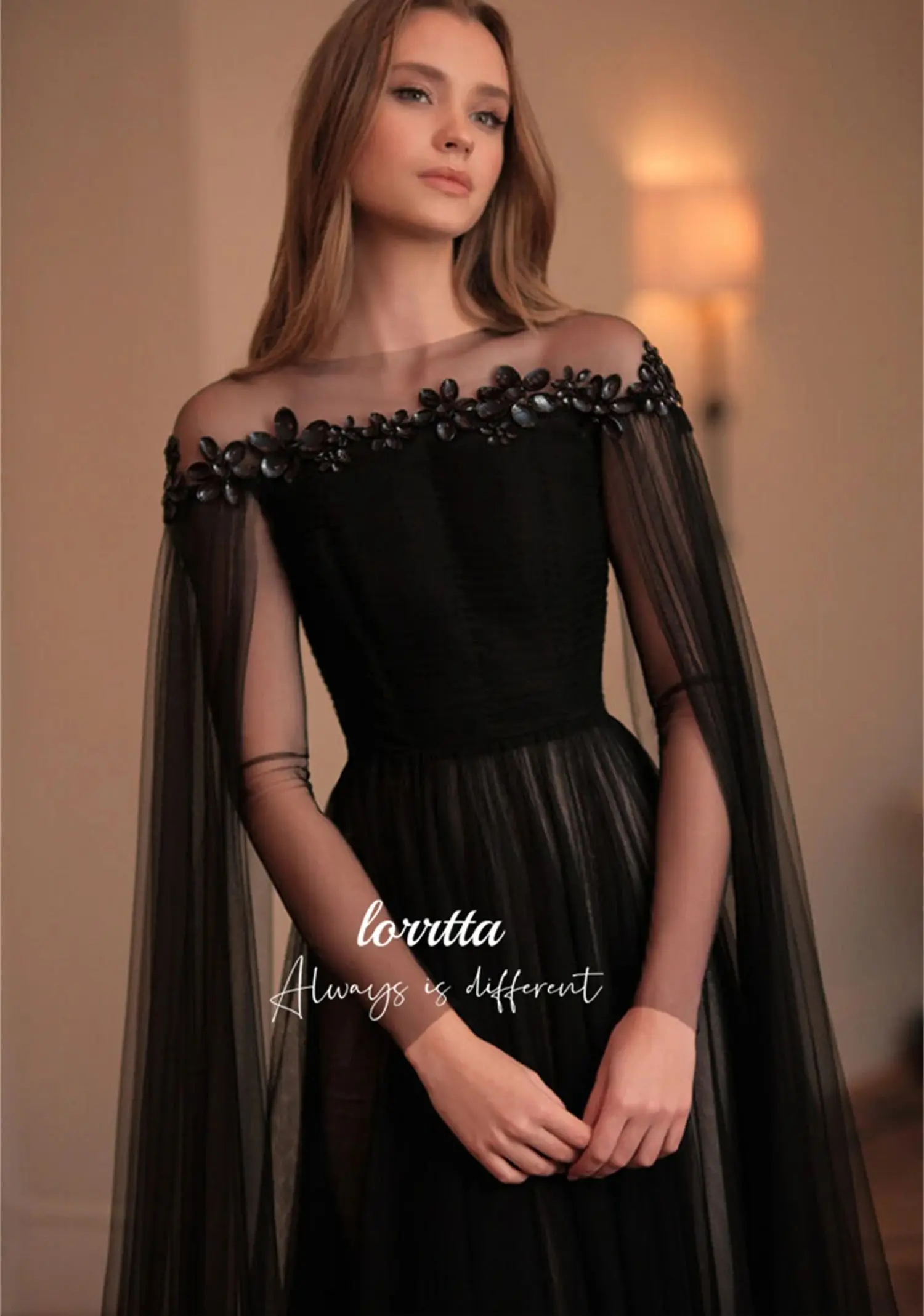 Lorrtta Shiny Decoration Black Evening Dress Line A Elegant Party Dresses for Wedding Night Prom Cocktail Gala Customized