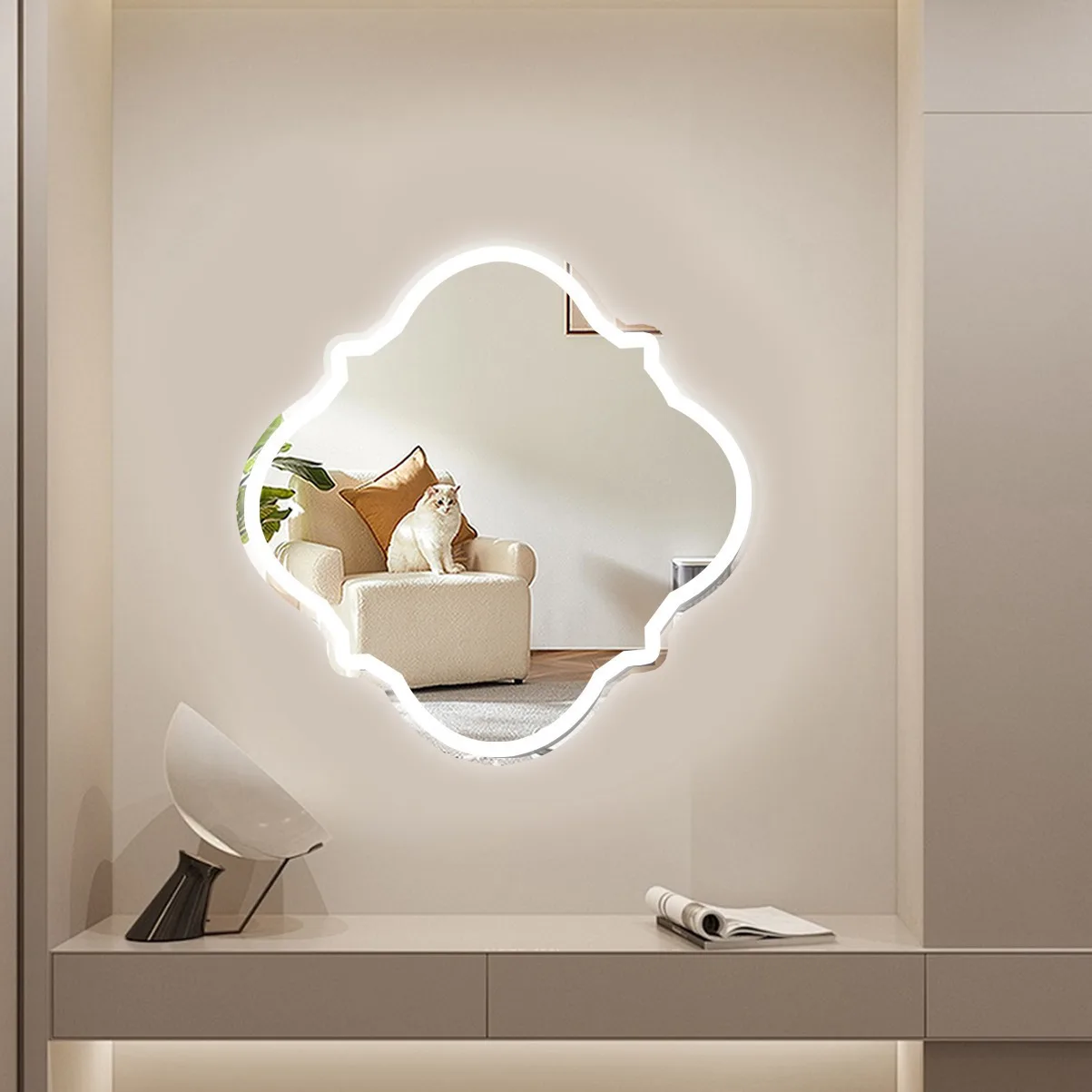 Four Leaf Clover LED Neon Mirror Wall Mounted Makeup Mirror with Light Lucky Charm Bedroom Dressing Table Vanity Decor