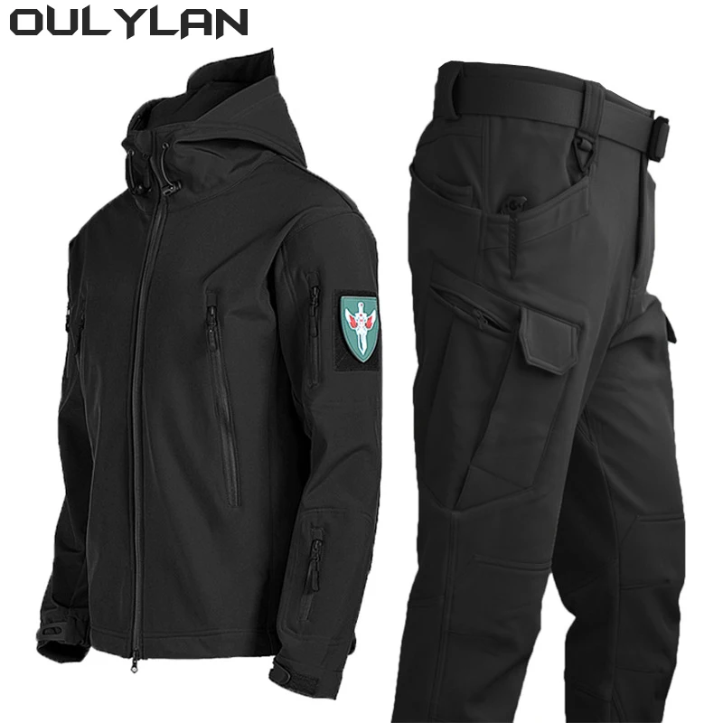 

Oulylan SoftShell Tactical Waterproof Jacket Fishing Hiking Camping Climbing Jacket HoodedWinter Autumn Tracksuits Set Men