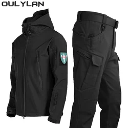 Oulylan SoftShell Tactical Waterproof Jacket Fishing Hiking Camping Climbing Jacket HoodedWinter Autumn Tracksuits Set Men