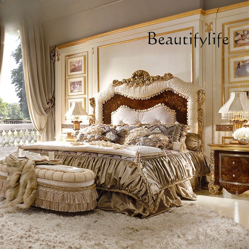 

European cream style solid wood carving bedroom furniture fabric 1.5 1.8 meters double bed