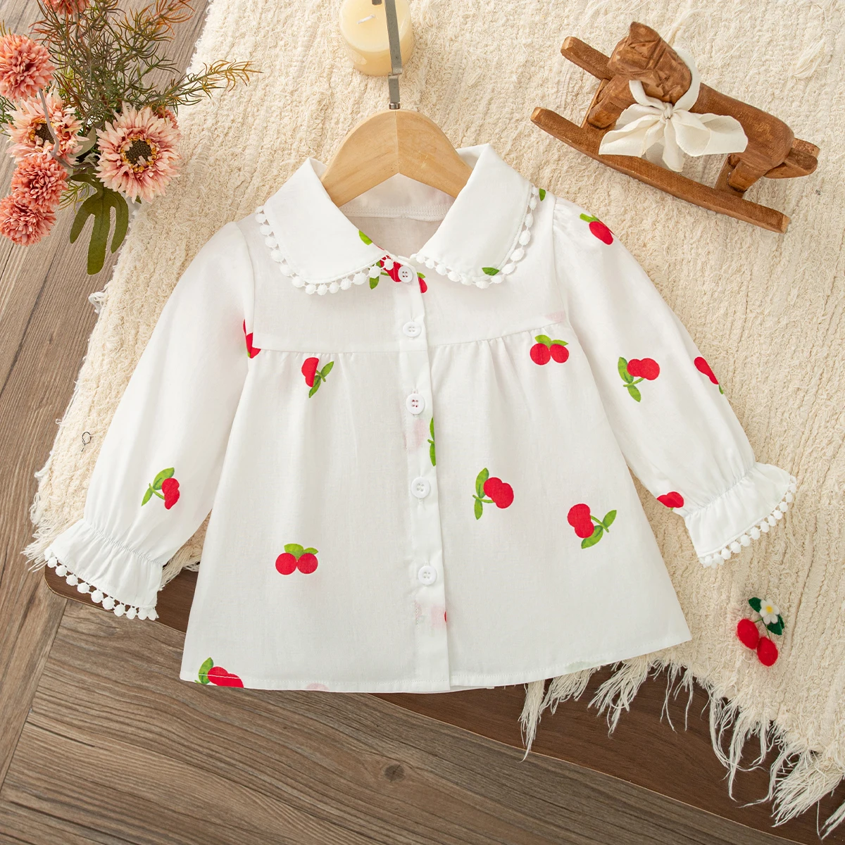 Baby Tops Spring And Autumn Cotton Solid Color Cherry Lace Edge Long Sleeved Baby Girl Shirt Cartoon Cute Girl Clothing