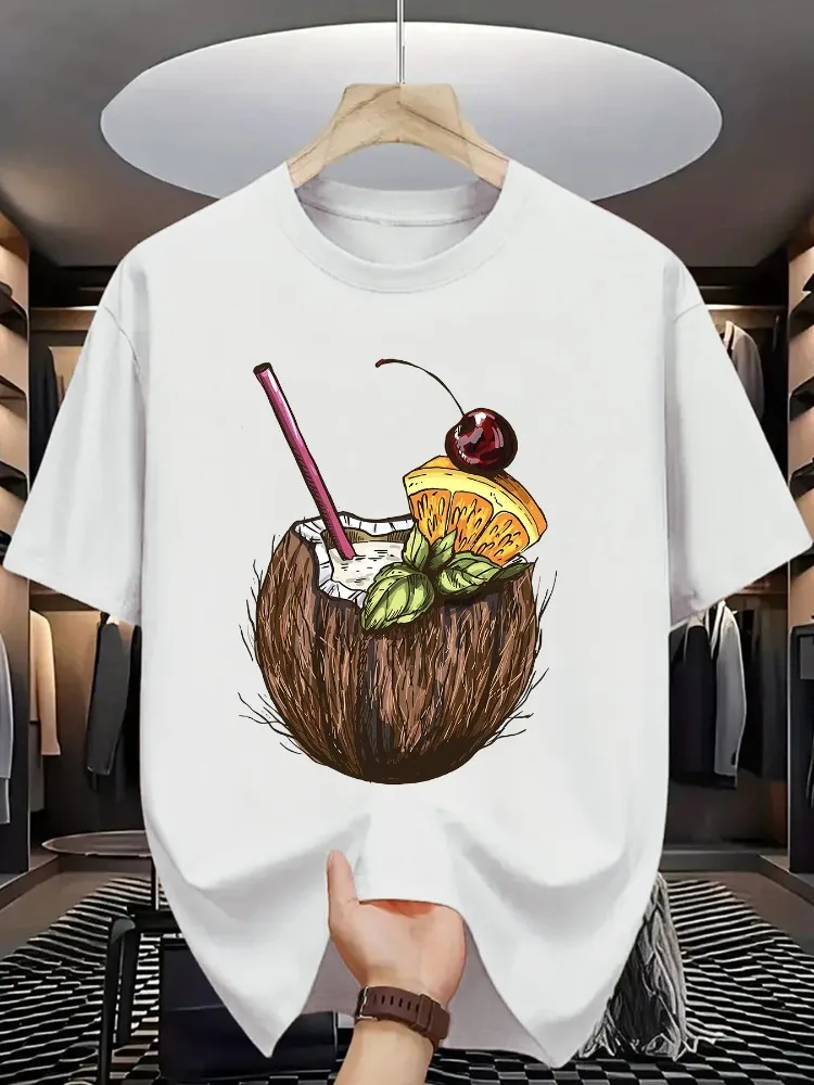 Men Summer Casual Short Sleeve T Shirt Tropical Coconut Cocktail Fruit Graphic Oversized Loose Tees Street Daily Fashion Tops