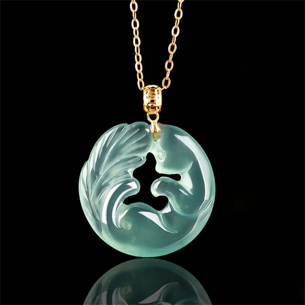 Real 18K Gold Natural Ice Green Jadeite Carved Cute Fox Hollow Lucky Pendant Charm Amulet Necklace Certified Trendy Gift Jewelry