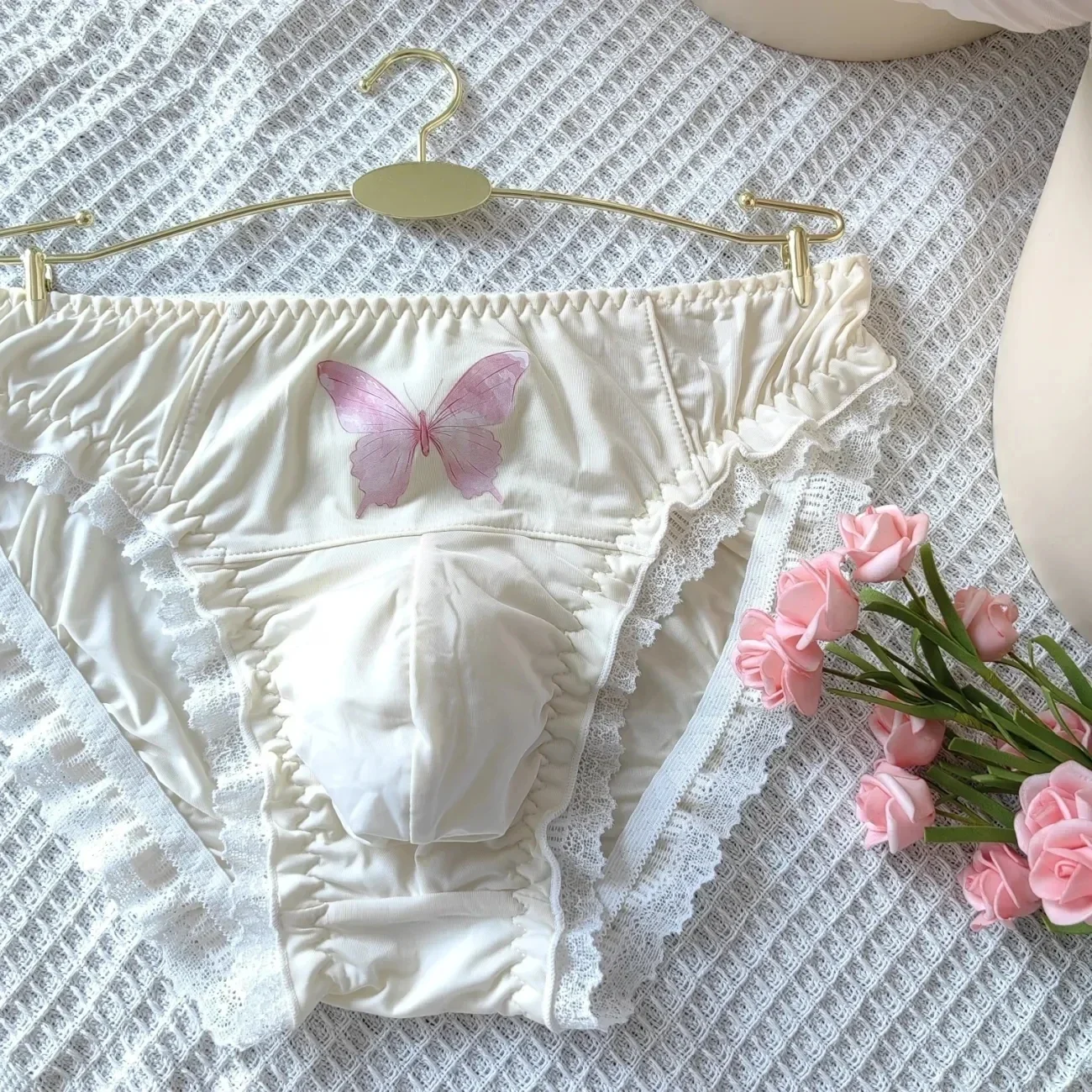 Slip da uomo sexy con stampa a farfalla in pizzo a vita alta elastico in vita BF Harajuku Live Show Costumi di danza Mutandine