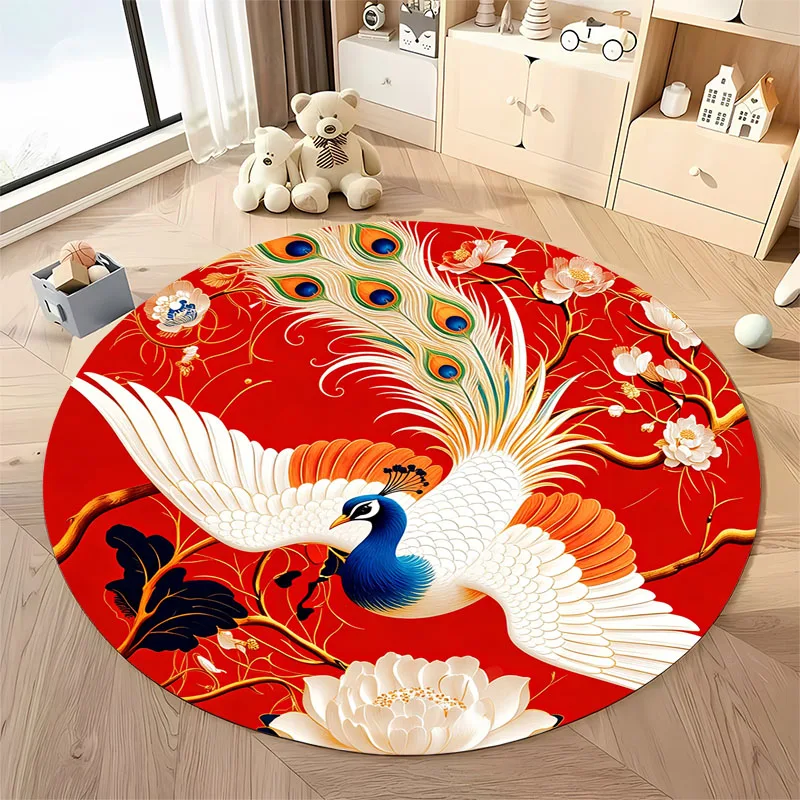 

Chinese Style White Peacock Round Rug Red Background Floral Non-Slip Area Mat for Bedroom Living Room Home Decor Carpet