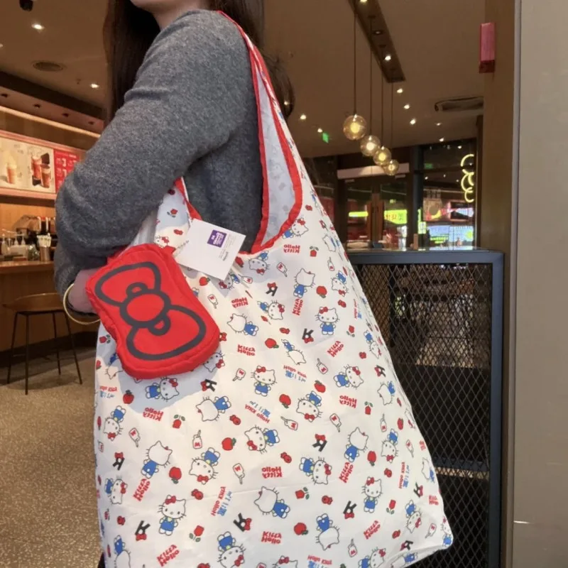 

Hello Kitty Shopping Bag Bow Tie Fold Environmentally Friendly Storage Bag Printing Single Shoulder Tote Bag High-capacity Cute