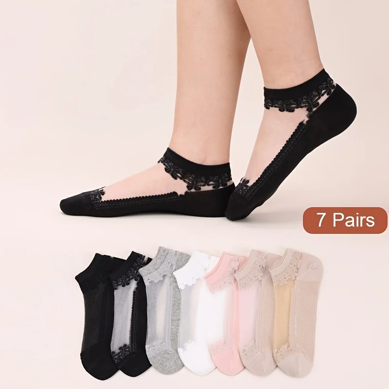 7 pairs of ladies socks spring summer thin women's crystal stockings summer jacquard crystal stockings flower glass stockings