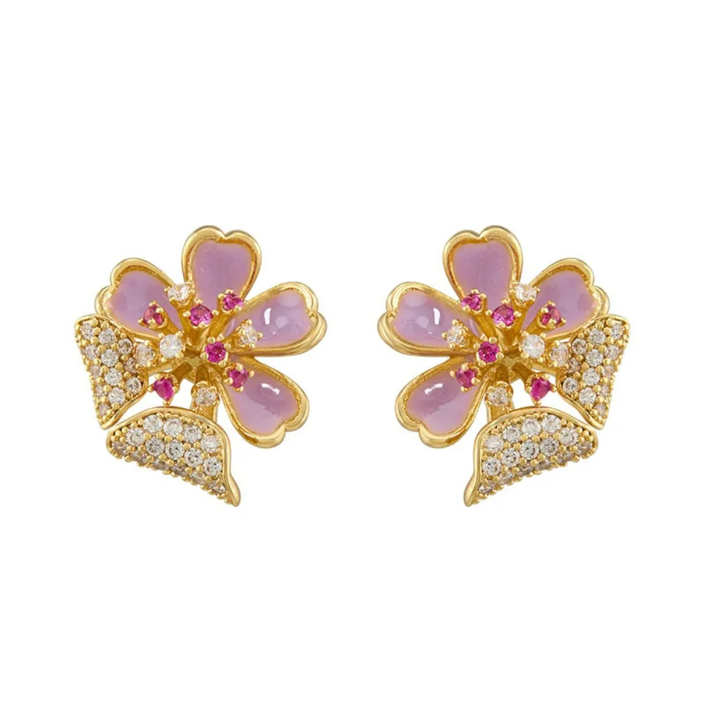 

New French Hand-painted Enamel Peach Blossom Earrings Pink Flower Exquisite Cubic Zircon Leaf Light Luxury Niche Design Earrings