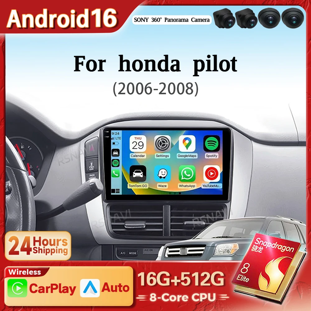Android 16 Carplay Auto WIFI+4G Car Radio Multimedia Player For Honda Pilot 2006 2007 2008 DSP Autoradio Stereo 2din Head Unit
