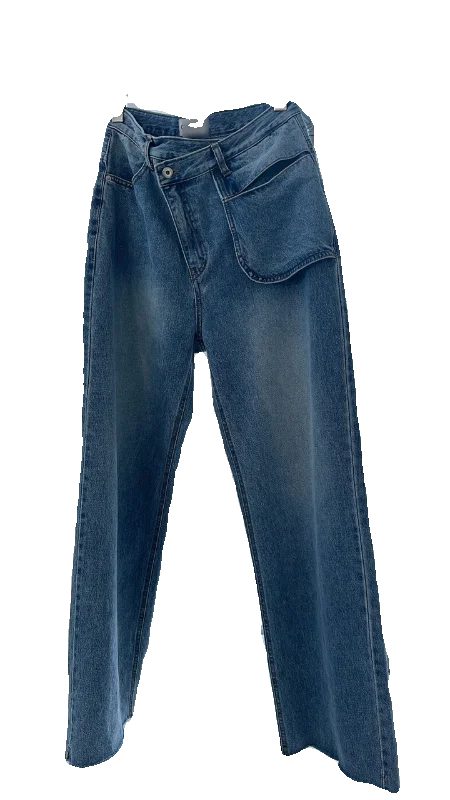 Calça jeans fena retrô da, cintura alta, perna reta, calças cridas, design de botão assimétrico, borda desfiada